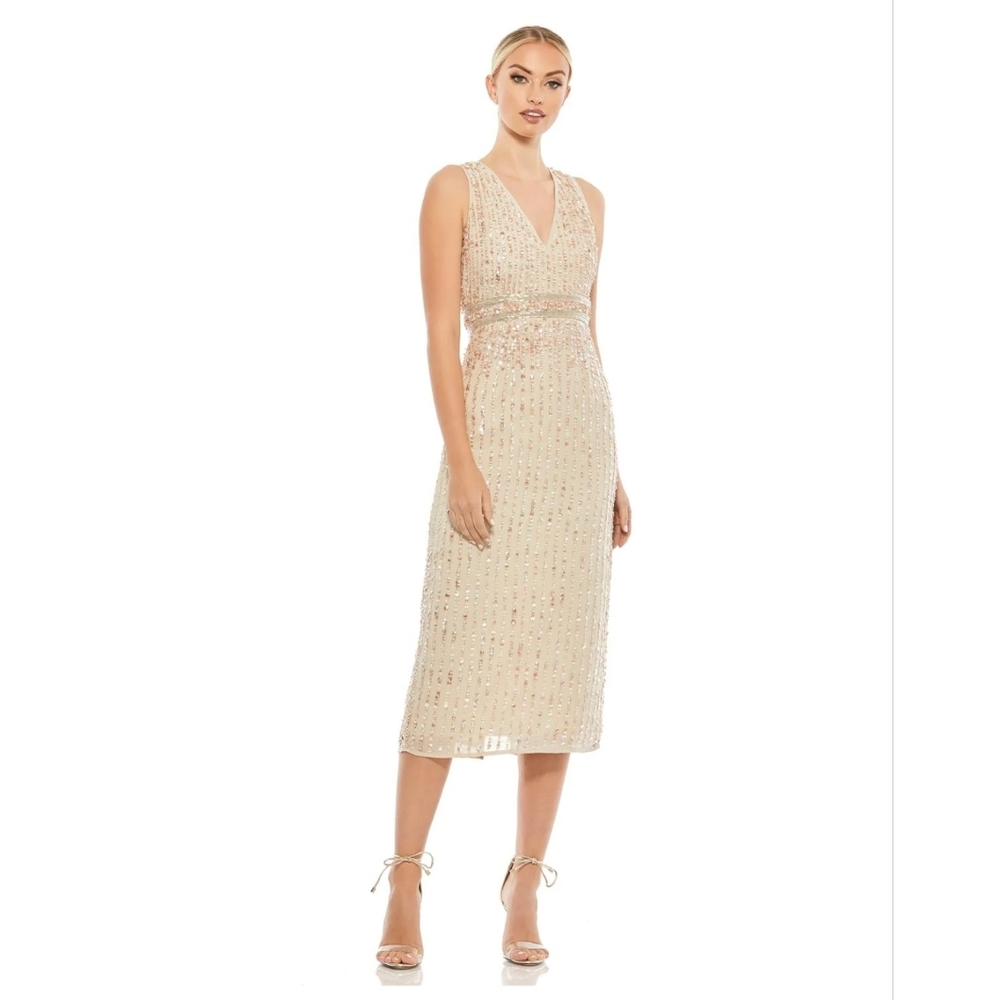 MAC DUGGAL Sequin Midi Dress Size 12 Nude color